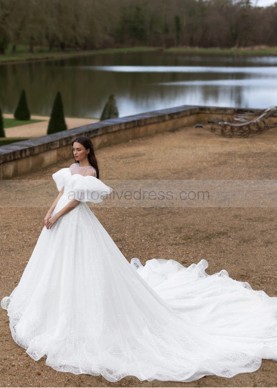 Elbow Sleeves White Glitter Lace Tulle Exclusive Wedding Dress